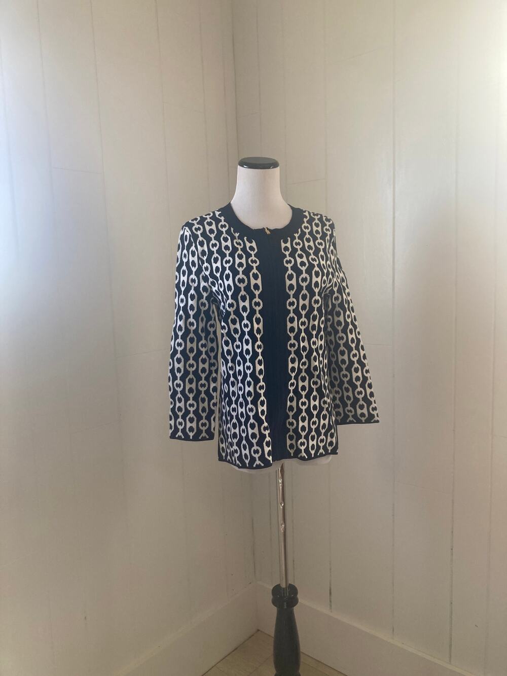 Jones New York Navy & White Zippered Cardigan, Size M